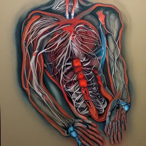 Prompt: ghosts, anatomical, veins, wires, mist, ink, oil spray