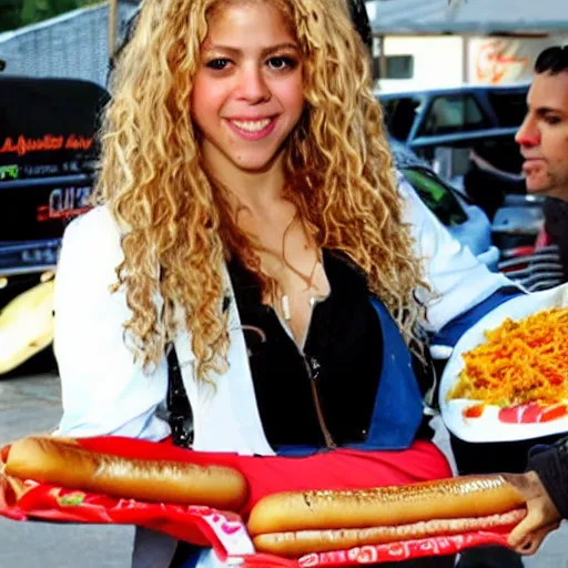 Prompt: Shakira selling street hot dogs