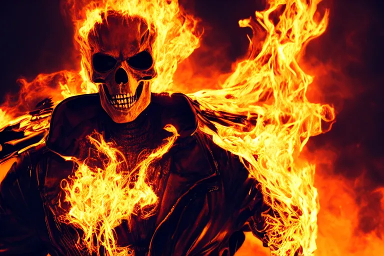 Prompt: Ghost Rider staring into your soul, dramatic lighting, highly stylized, headshot photo, high quality wallpaper, desktopography