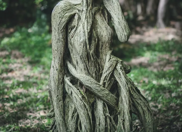 Image similar to dslr esculpture made from roots interwovem in the shape of a woman, 8 5 mm f 1. 8