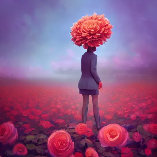 Image similar to closeup, giant rose flower head, frontal, a girl in a suit, surreal photography, sunrise, dramatic light, impressionist painting, digital painting, artstation, simon stalenhag