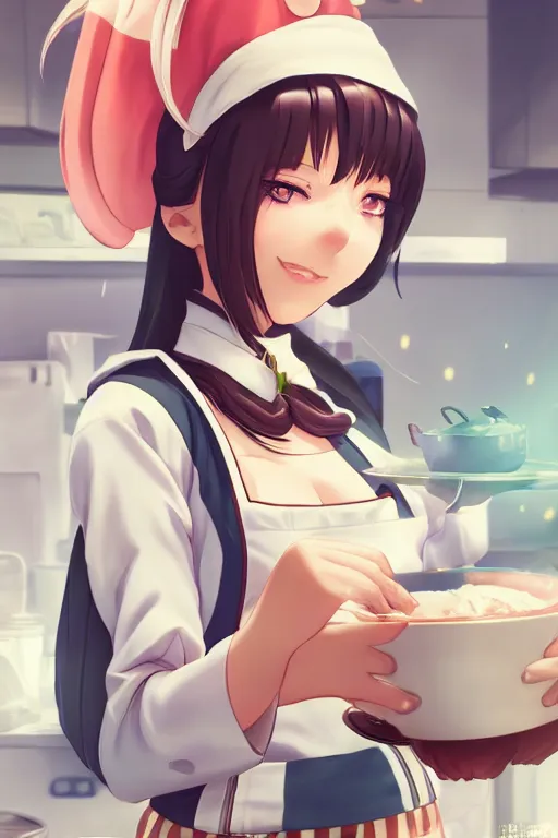 Image similar to a cute android maid girl cooking breakfast, character art portrait, anime key visual, official media, illustrated by wlop, extremely detailed, 8 k, trending on artstation, cinematic lighting, beautiful,