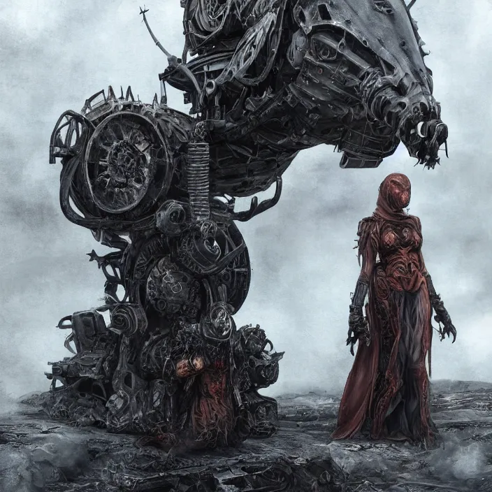 Image similar to beautiful apocalyptic woman in hooded cloak, standing on mad max panzer tank, hyper-detailed, smooth, sharp focus, 4k ultra hd, fantasy dark art, tank girl, artgerm, artstation, octane render, elegant, detailed digital painting, apocalyptic art, Francis bacon, gears of war, unreal engine