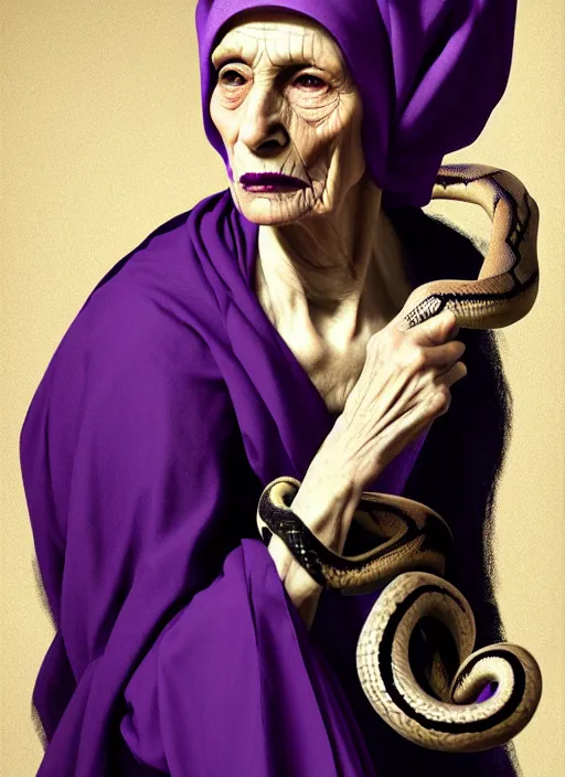 Image similar to portrait of a old year woman with a headscarf a dress of bones and piony snake smoke, purple colour scheme, full length, masterpiece, dark background, art by caravaggio, artstation