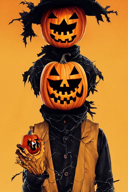 Image similar to a scarecrow with jack - o - lantern head, full body, big two toned eyes, halloween, horror, intricate details, cinematic, epic, realistic, anatomy, tomer hanuka, uplight, artstation, photorealistic, scary