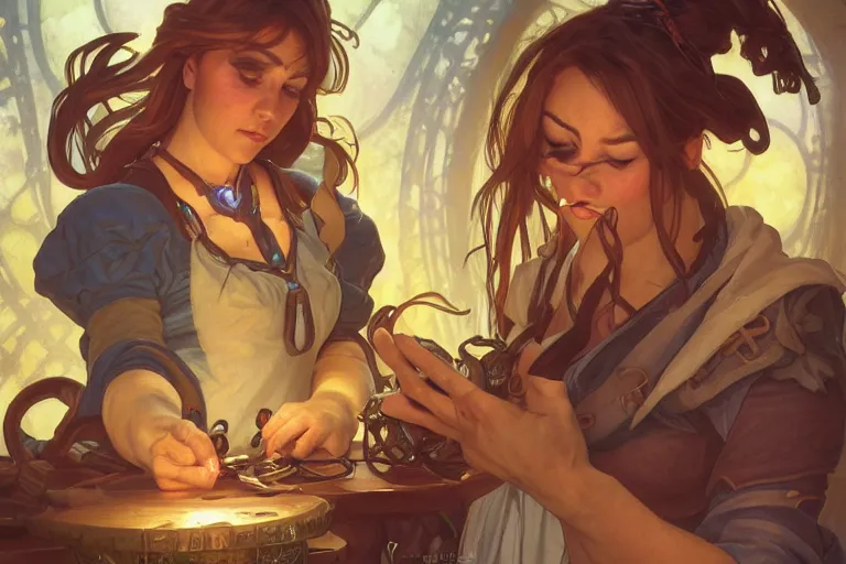 Image similar to a hyperrealistic render of an artificer crafting a ring, outdoor, art by Artgerm and Greg Rutkowski and Alphonse Mucha, hearthstone art style, epic fantasty card game art, Beautiful dynamic dramatic moody lighting, shadows, cinematic, Octane, 8K