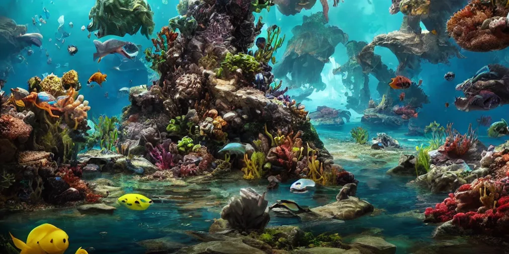Image similar to underwater enviroment with Lophiiformes creatures, unreal 5, hyperrealistic, realistic, photorealistic, dynamic lighting, highly detailed, cinematic landscape, studio landscape, studio lighting