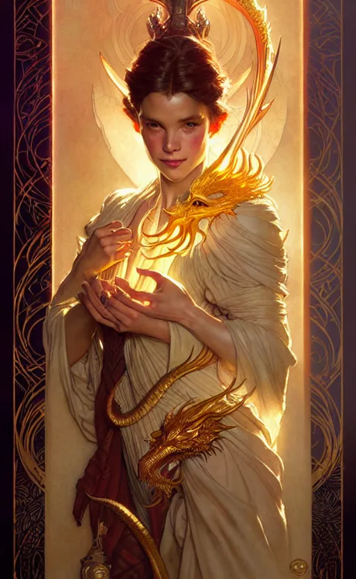 Image similar to magic gold dragon gorgeous lighting by weta studio, mucha, bautista and norman rockwell and greg rutkowski and tom bagshaw and james gurney and lucasfilm