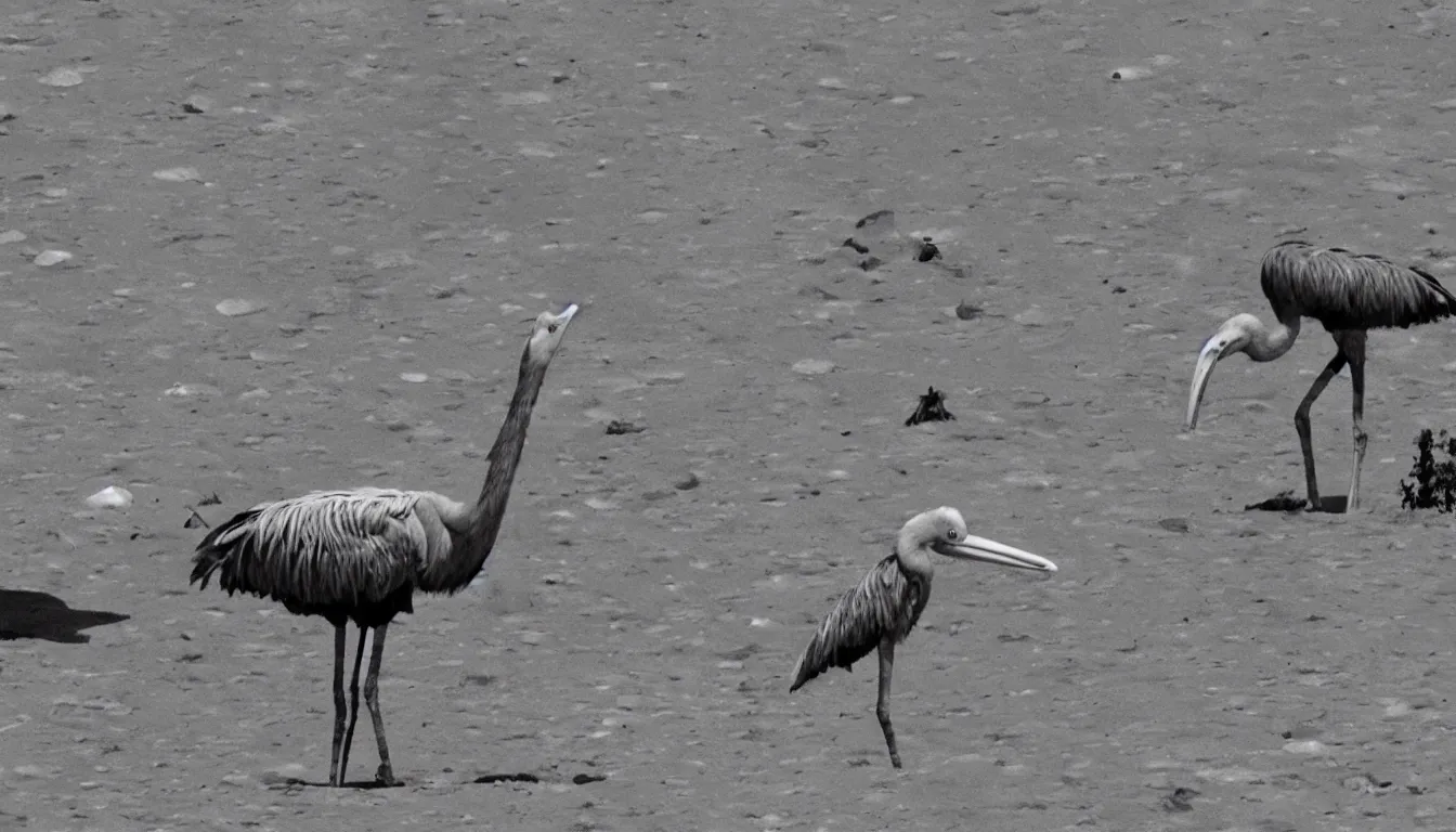 Image similar to a shoebill stork taking a bath on the surface of the moon, with some alien lizards in the background watching