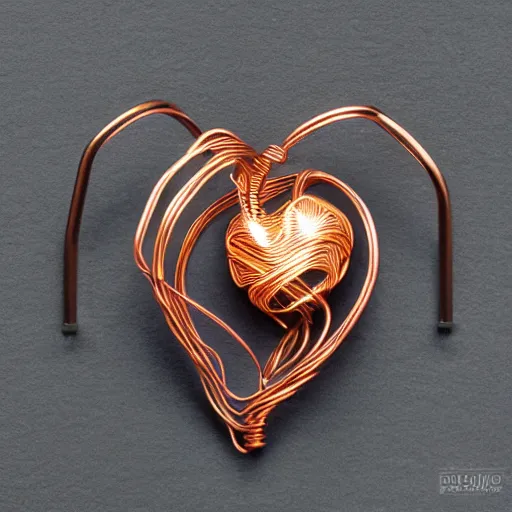 Image similar to a very beautiful tiny human heart organic sculpture made of copper wire and threaded pipes, very intricate, curved. studio lighting, high resolution, high quality, black background