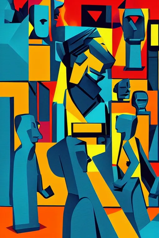 Image similar to cubist moai statue cutout digital illustration cartoon colorful beeple