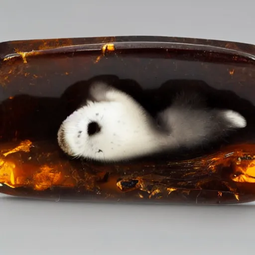 Image similar to a baby harp seal petrified in amber, museum photo