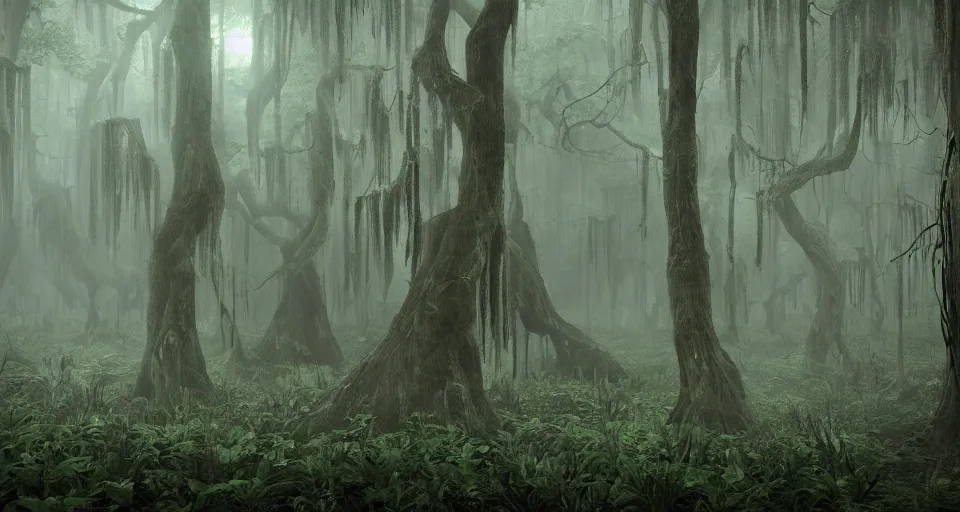 Image similar to A dense and dark enchanted forest with a swamp, with Cry engine