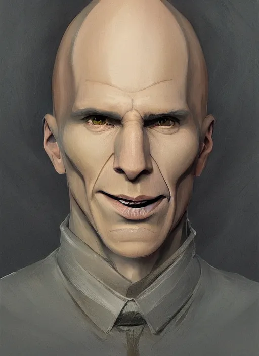 Prompt: a portrait of a male character with only flat nostrils instead of his nose of Voldemort in a scenic environment by Ross Tran and by Jesper Ejsing and by Mikalojus Konstantinas Ciurlionis