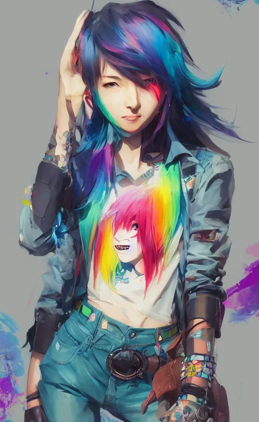 Image similar to a kawaii woman with rainbow hair smiling, kawaii shirt and jeans, In style of Yoji Shinkawa, wojtek fus, by Jordan Grimmer and greg rutkowski, concept art, highly detailed