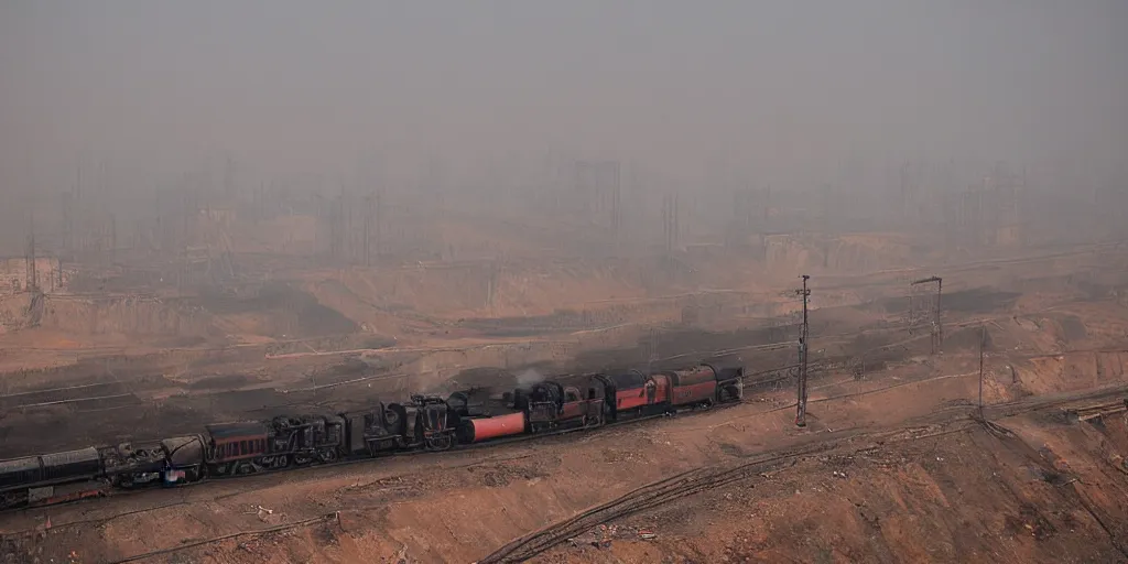 Image similar to industrial mine, pollution, haze, baotou china, steam train,