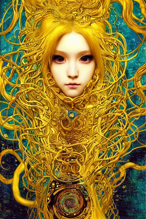 Prompt: Hatsune Miku with golden hair by Karol Bak, Jean Deville, Gustav Klimt, and Vincent Van Gogh, portrait of a sacred serpent, Surreality, otherworldly, fractal structures, arcane, ornate gilded medieval icon, third eye, spirals