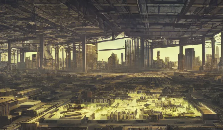 Prompt: large group people in open warehouse, looking at hologram of futuristic city on a table, cinematic concept art, godrays, godrays, golden hour, natural sunlight, 4 k, clear details, tabletop model buildings, center model buildings, hologram center, crane shot, crane shot, crane shot