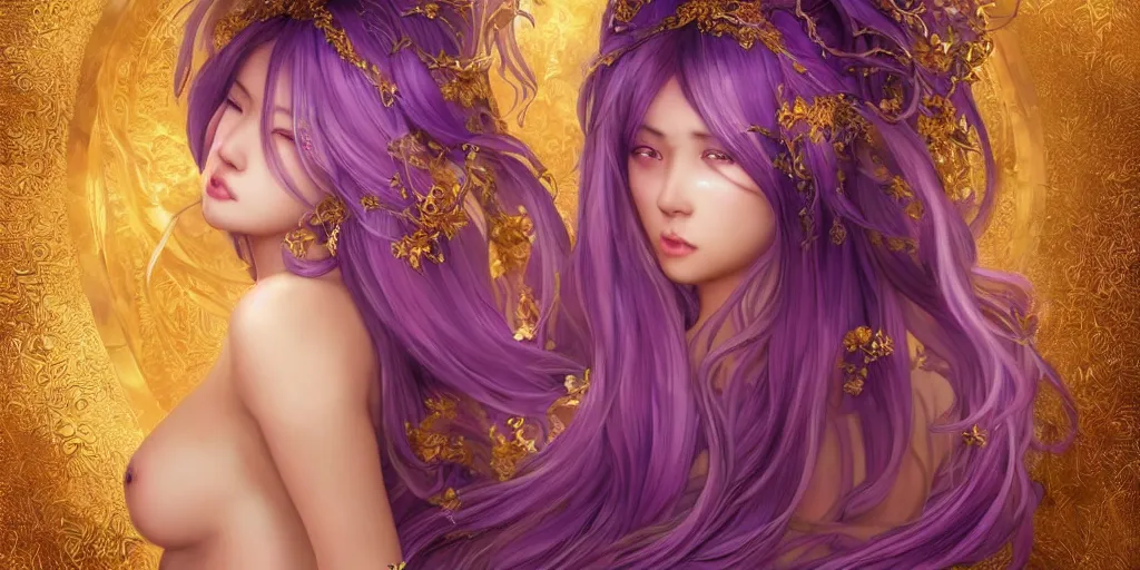 Image similar to asian nymph goddess flowing purple hair twisting in sensual pose with golden tattoes of cursive sigils on her opalescent skin, fantasy, intricate, very beautiful, elegant, golden light, highly detailed, digital painting, artstation, concept art, smooth, sharp focus, unreal engine, art by wlop and tian zi and alphonse mucha