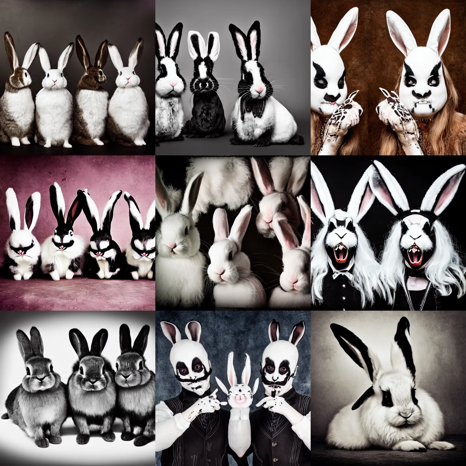 Prompt: bunnies with corpse paint, studio photography