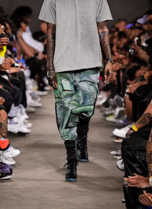 Image similar to hyperrealistic and heavy detailed nike runway show of travis scott, leica sl 2 5 0 mm, vivid color, high quality, high textured, real life