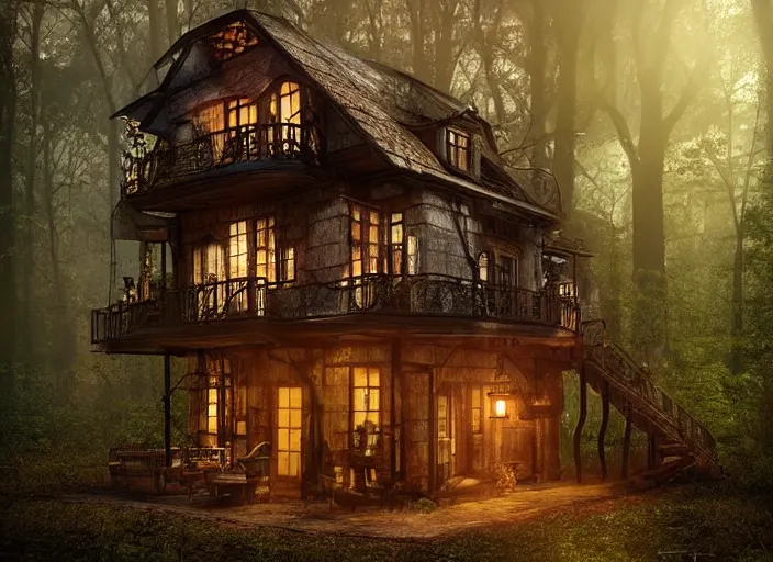 Prompt: house in a clearing in the middle of the forest, beautifully lit, steampunk, by lila alavardao