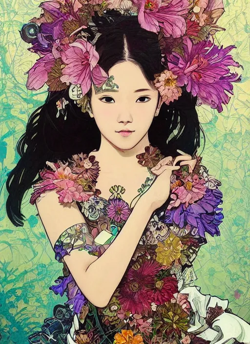 Prompt: !!! very coherent!!! oil painting, beautiful floralpunk bangkok cyborg portrait girl female illustration detailed patterns art of thai traditional dress, flower pop art, floral splash painting, art by ashley wood, alphonse mucha, makoto shinkai, geof darrow, dark shadow