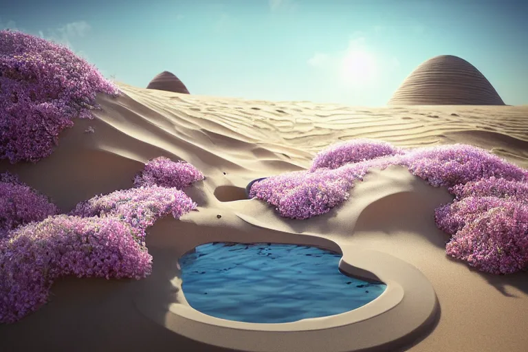 Prompt: perfume bottle buried flowers at a zen oasis hotspring by peter tarka in the middle of a desert with little flowers, soft lilac skies, silky smooth, dramatic, mid day, sand dune background, large scale, wind - swept, lots of detail, realistic lighting, octane render, by wlop, artgerm, trending on artstation