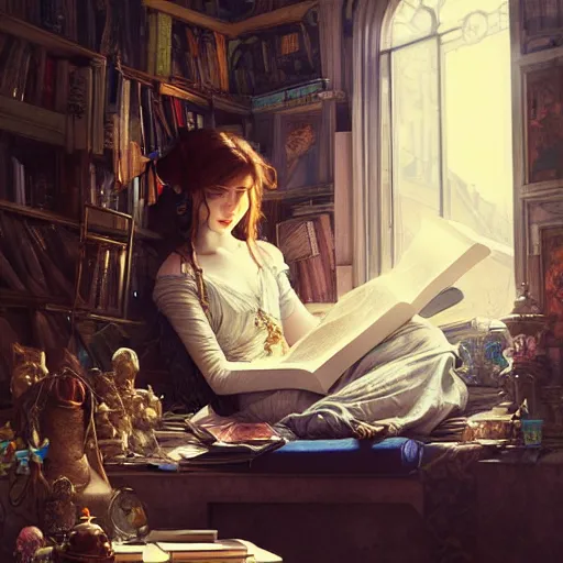 Image similar to Portrait of a girl in cluttered room, reading a book under the skylight, fantasy, intricate, elegant, highly detailed, digital painting, artstation, concept art, smooth, sharp focus, illustration, art by Krenz Cushart and Artem Demura and alphonse mucha