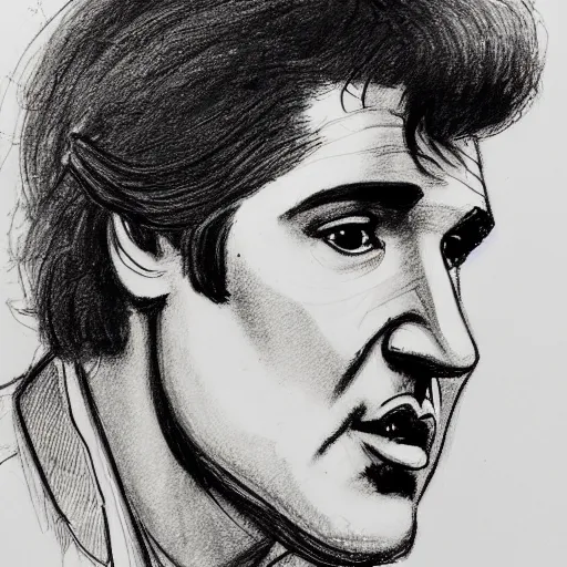 Image similar to a realistic yet scraggly portrait sketch of the side profile of a stern and sophisticated elvis presley, trending on artstation, intricate details, in the style of frank auerbach, in the style of sergio aragones, in the style of martin ansin, in the style of david aja, in the style of mattias adolfsson