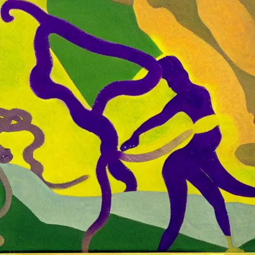 Image similar to oil on masonite painting by aaron douglas of a scene from greek mythology of medusa, green yellow and purple