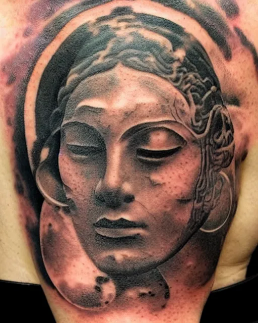 Prompt: planets emerge from the top of a broken renaissance head statue, tattoo design, hyper - realistic, in the style of tony santos