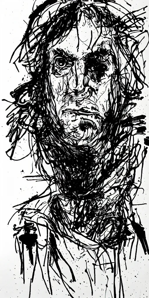 Image similar to a loose wild messy ink sketch portrait of a self portrait in the style of ralph steadman, caricature, dramatic