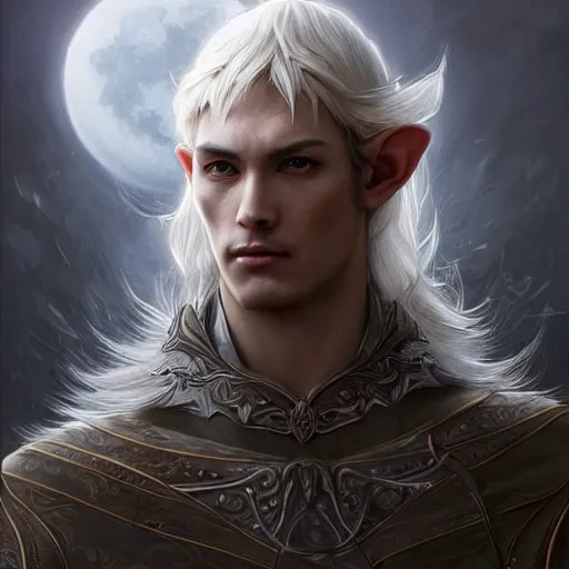 Image similar to in frame painting of an elven man with asian cat eyes with blond shiny moon hair, ultra realistic, concept art, intricate details, eerie, haunting, highly detailed, photorealistic, octane render, 8 k, unreal engine. art by artgerm and greg rutkowski and charlie bowater and magali villeneuve and alphonse mucha