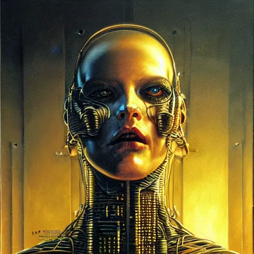 Prompt: cyberpunk cenobite, atmospheric lighting, painted, intricate, golden hour, ultra detailed by peter gric, giger, enki bilal