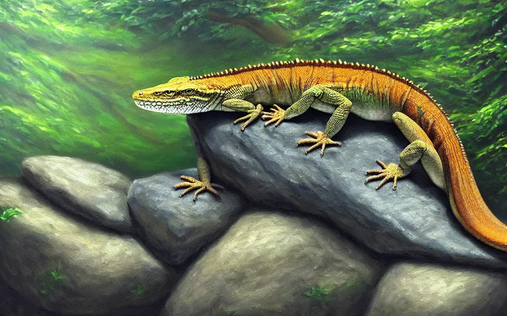 Image similar to A lizard sitting on a rock within a woodland creek, highly detailed, trending on pixiv, realistic oil paint artwork made in 2020.