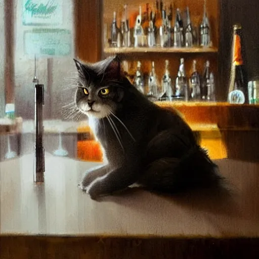 Image similar to of a british longhair cat sitting at the bar next to a beer, by greg rutkowski