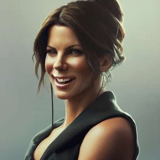 Image similar to closeup portrait of a kate beckinsale as a software engineer, she is a nerd, seductive smile, chiaroscuro, computer geek, golden hour, dramatic lighting, complementary contrast, high detail, painted by greg rutkowski, painted by igor kieryluk, trending on artstation