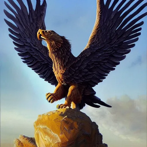 Image similar to a realistic oil painting of a winged lion's body with an eagle head, highly detailed, trending on artstation, by james gurney and michael whelan