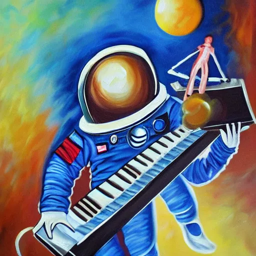 Image similar to oil painting astronaut playing keyboard