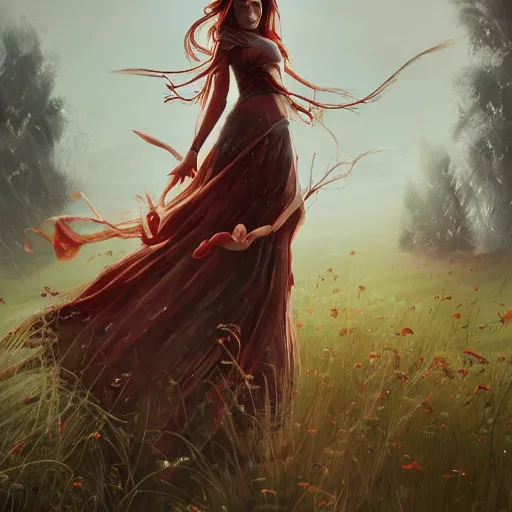 Image similar to a woman with long hair and with red long dress balancing with wind on a lawn, with weeds and some trees, highly detailed, illustration, fantasy art, in the style of greg rutkowski, epic, fantasy, intricate, hyper detailed, artstation, concept art, smooth, sharp focus, ray tracing