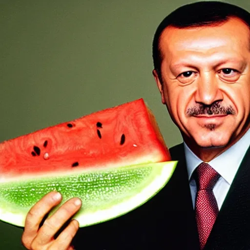 Image similar to recep tayyip erdogan smiling holding watermelon for a 1 9 9 0 s sitcom tv show, studio photograph, portrait c 1 2. 0