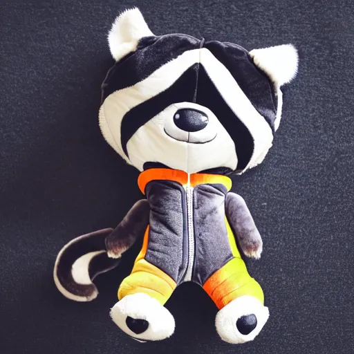 Prompt: racoon wearing tracksuit, plushie photography,