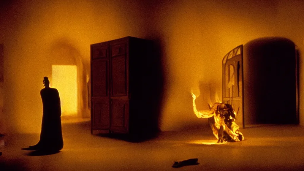 Image similar to the strange creature in the closet, made of fire and wax, film still from the movie directed by Denis Villeneuve with art direction by Salvador Dalí, wide lens