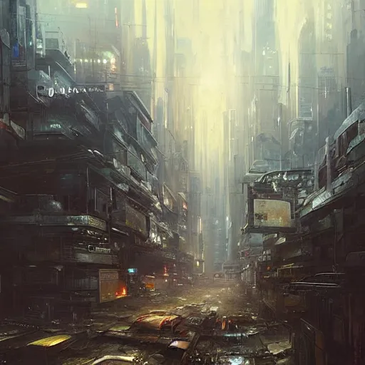 Image similar to A beautiful landscape oil painting of dystopian cyberpunk city by Greg Rutkowski