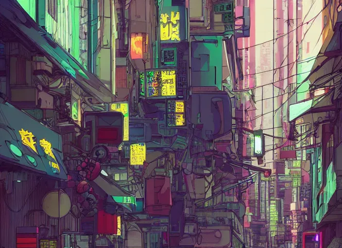 Image similar to a cyberpunk hong kong alley with robots and humans walking around by moebius, pixar color palette, clear details