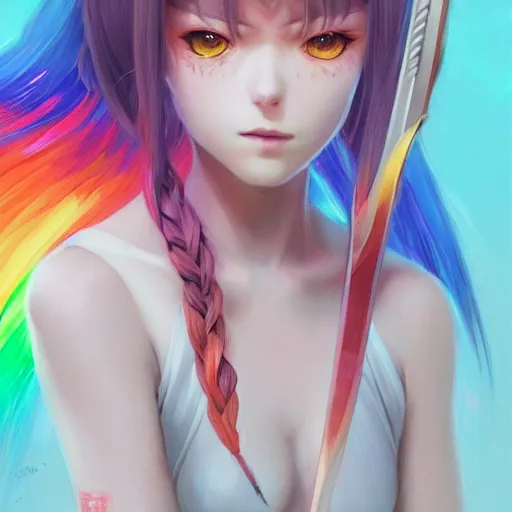 Prompt: portrait of anime pixie warrior character with long wavy rainbow hair, manga cover, highly detailed, digital painting, artstation, concept art, sharp focus, illustration, strong brush stroke, anime, art by greg rutkowski, ilya kuvshinov, sharp focus, ghibli studio, art by ilya kuvshinov, rossdraws