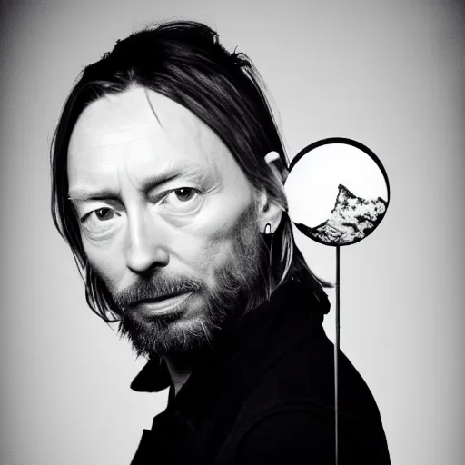 Image similar to Thom Yorke, holding the moon upon a stick, with a beard and a black jacket, a portrait by John E. Berninger, dribble, neo-expressionism, uhd image, studio portrait, 1990s
