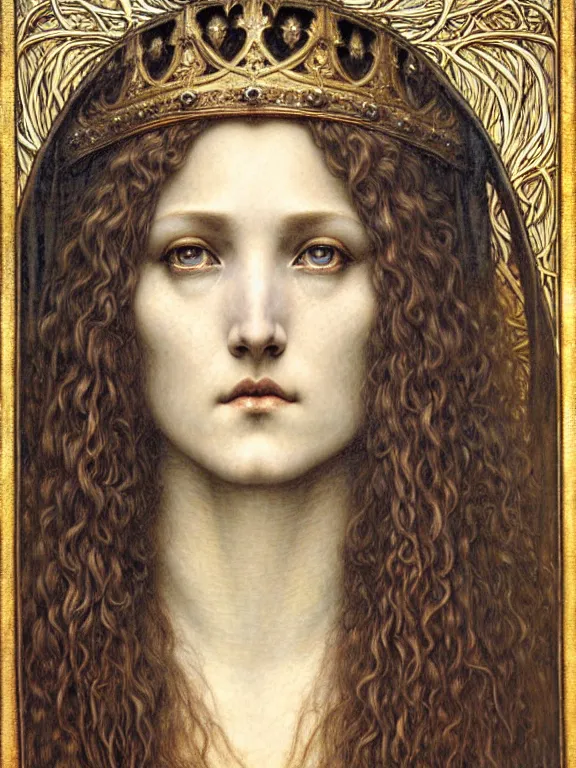 Image similar to detailed realistic beautiful young medieval queen face portrait by jean delville, gustave dore and marco mazzoni, art nouveau, symbolist, visionary, gothic, pre - raphaelite. horizontal symmetry