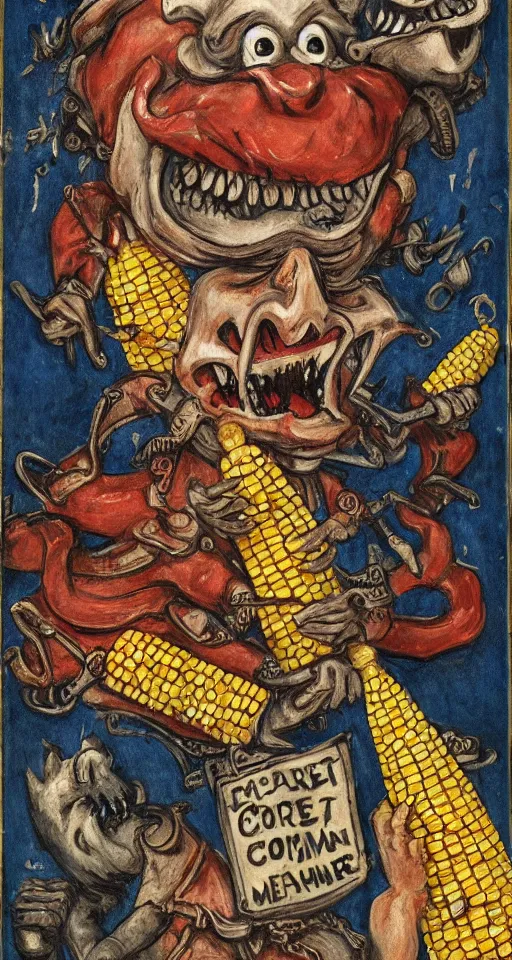 Prompt: jester with a sad face riding a flaming tiger into a meat grinder, and a corn on the cob with teeth is coming out on the other end, highly detailed, realistic, 4 k, bloody